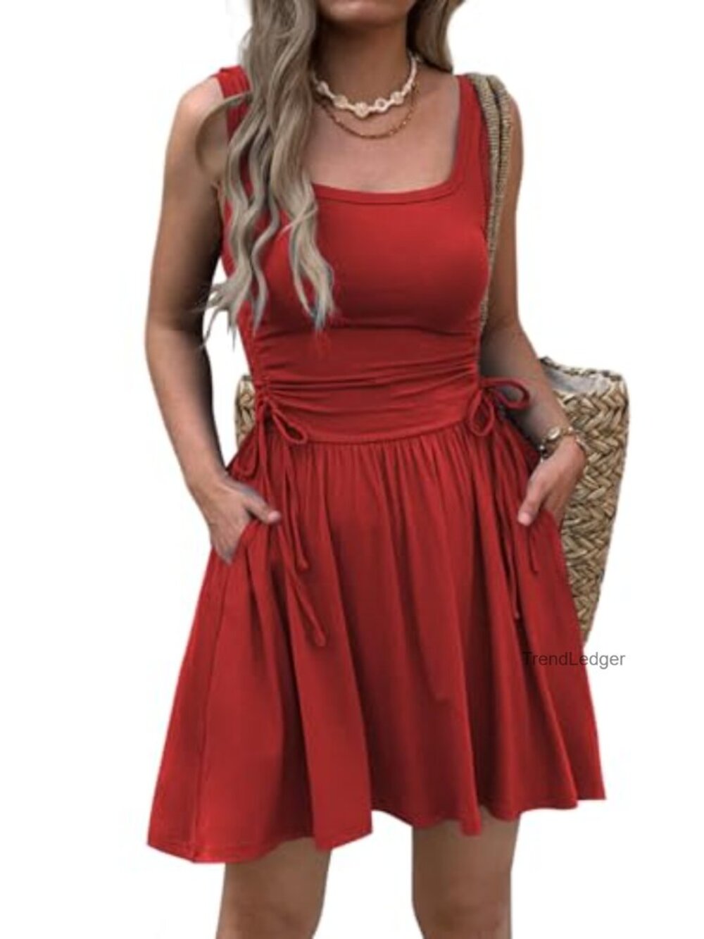 Women Sleeveless Square Neck Mini Dress with Pockets Drawstring Waist Casual